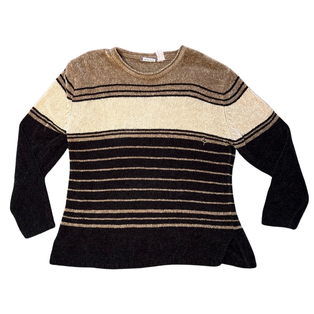 Striped Black and Tan Chenille Women's Sweater